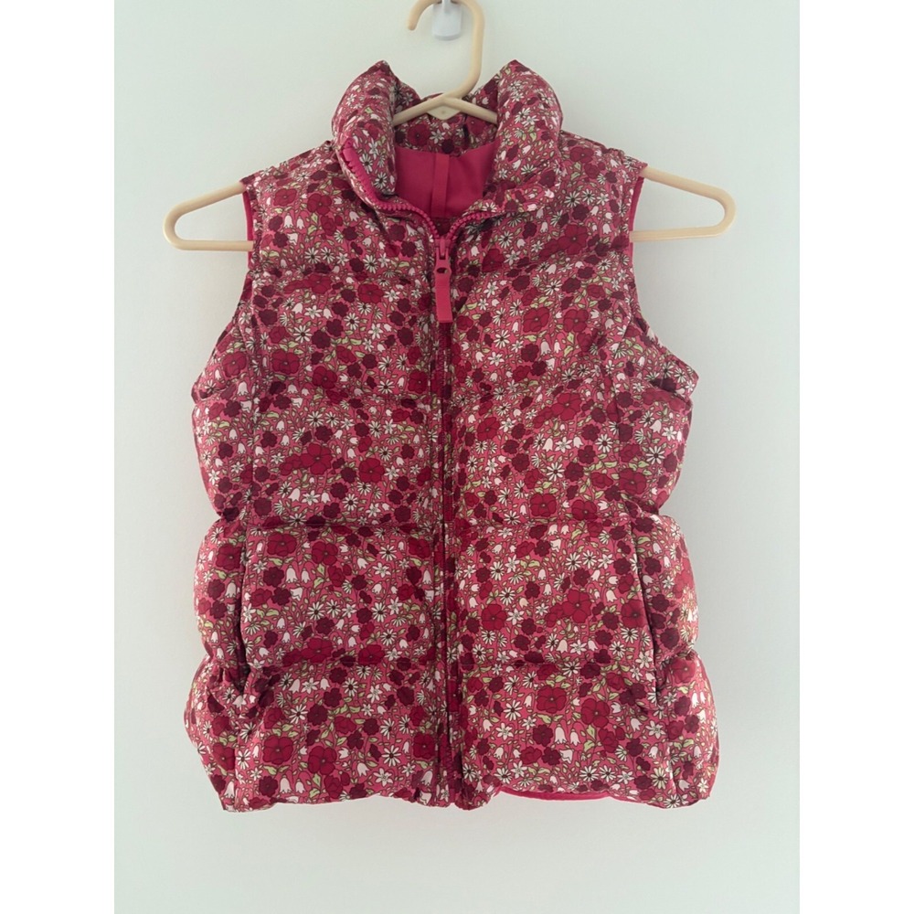 Lands End Kids Floral Puffer‎ Vest Size 6X Pink Red Daisy & Berry Pattern